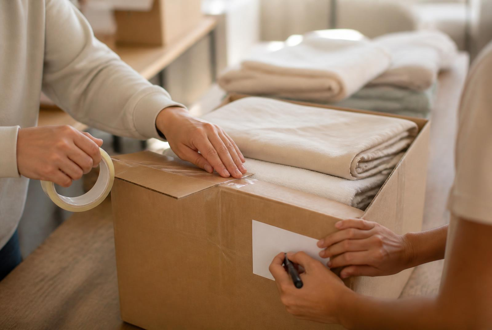 Two volunteers taping and labeling a cardboard box filled with folded blankets and towels for a dorm kit