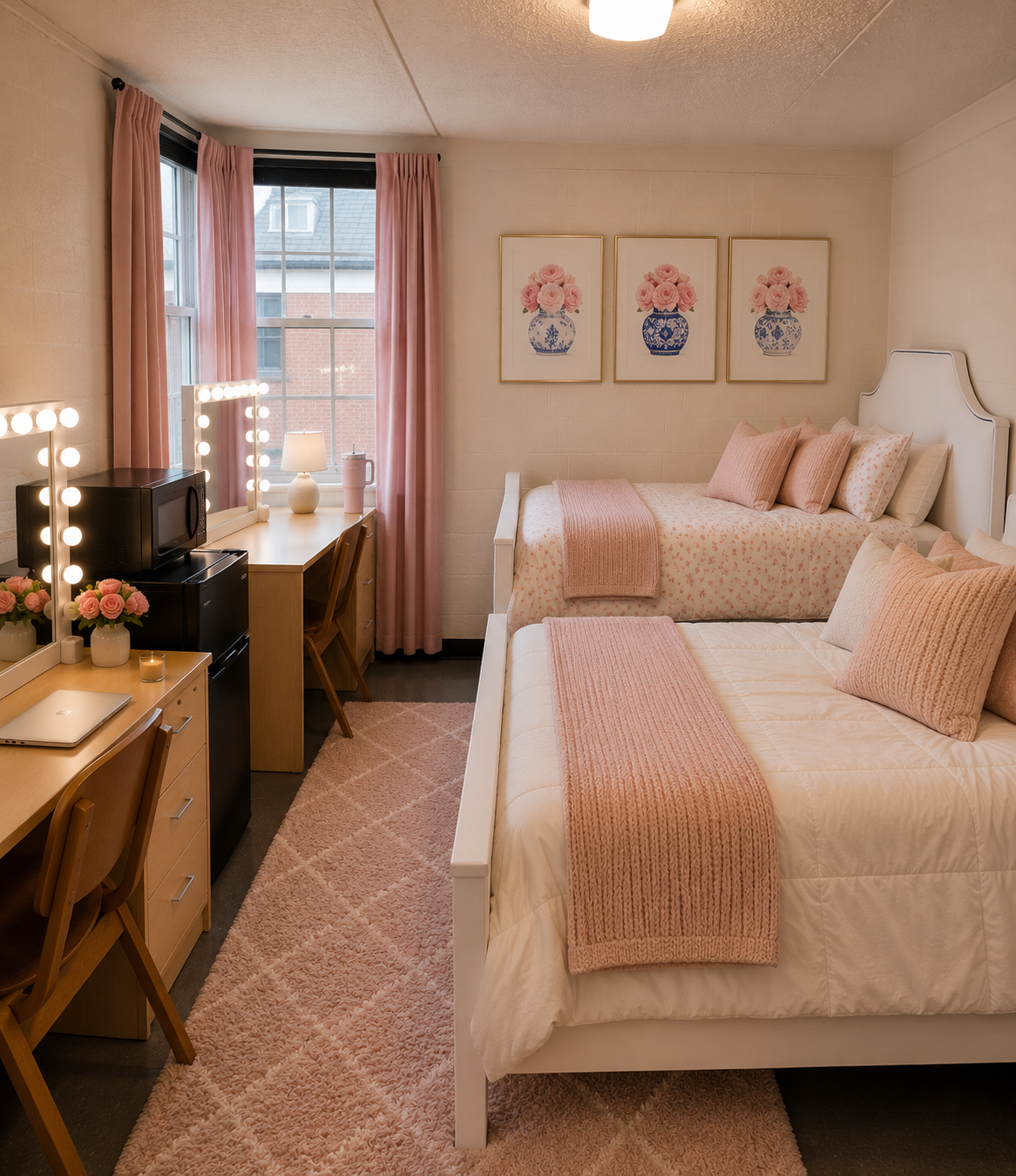 The same dorm room fully furnished by DormKind with soft blush bedding, curtains, a lit vanity mirror, and wall photos