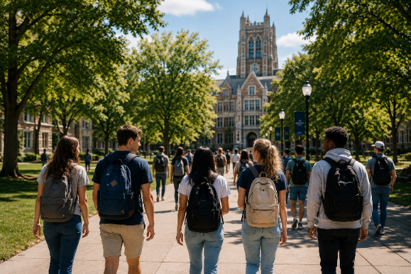 Students walking together on a tree-lined campus path toward a historic building