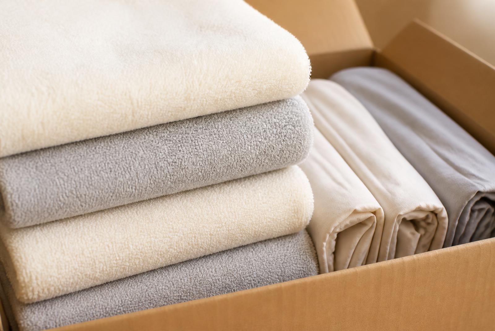 Folded cream and gray towels stacked beside neatly packed bedsheets inside an open dorm kit box