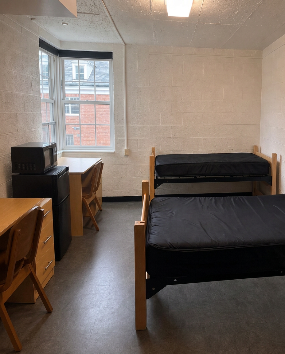 A bare dorm room with two uncovered mattresses, empty desks, and blank cinder block walls