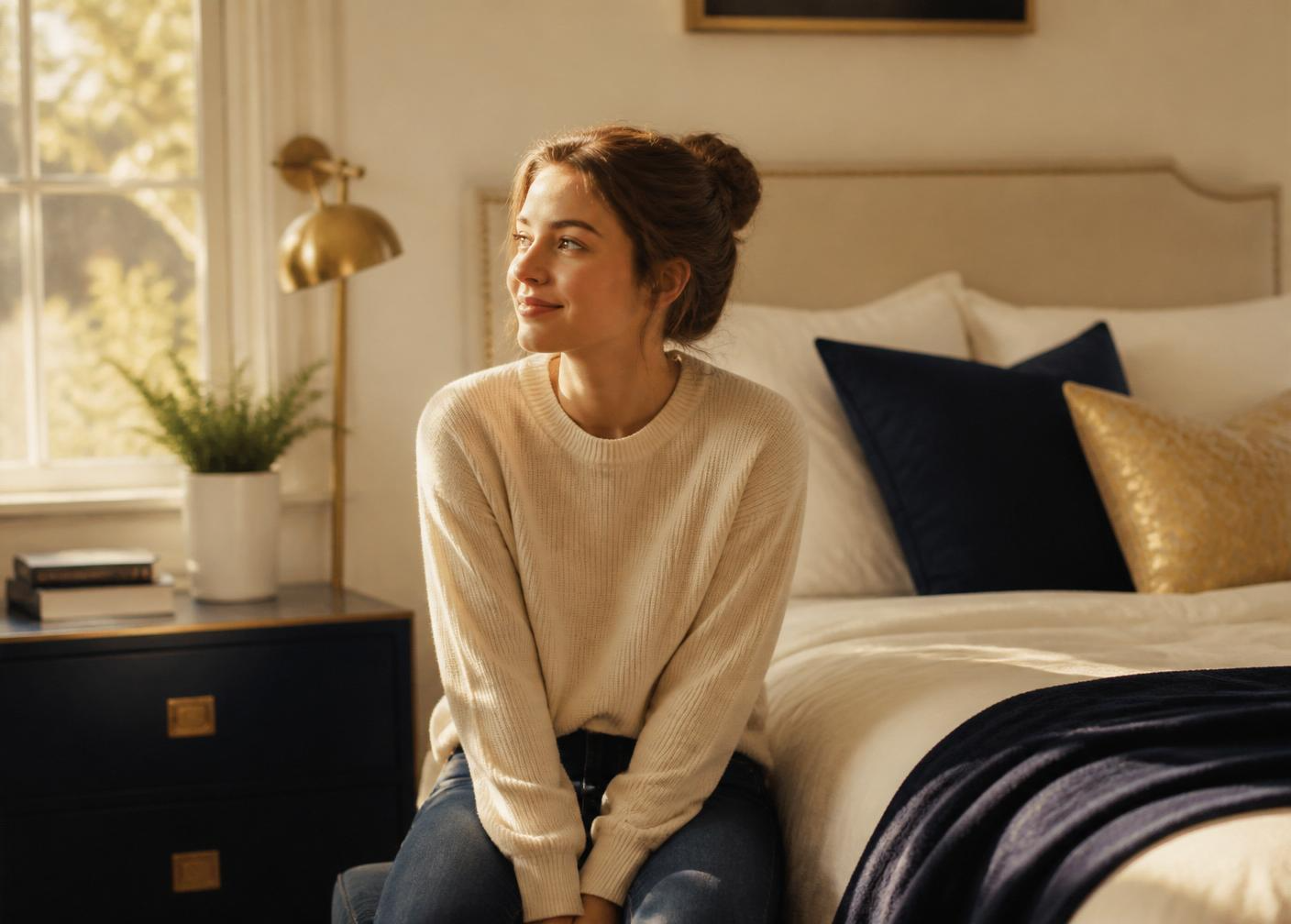 A college student sitting on her furnished dorm bed in warm morning light